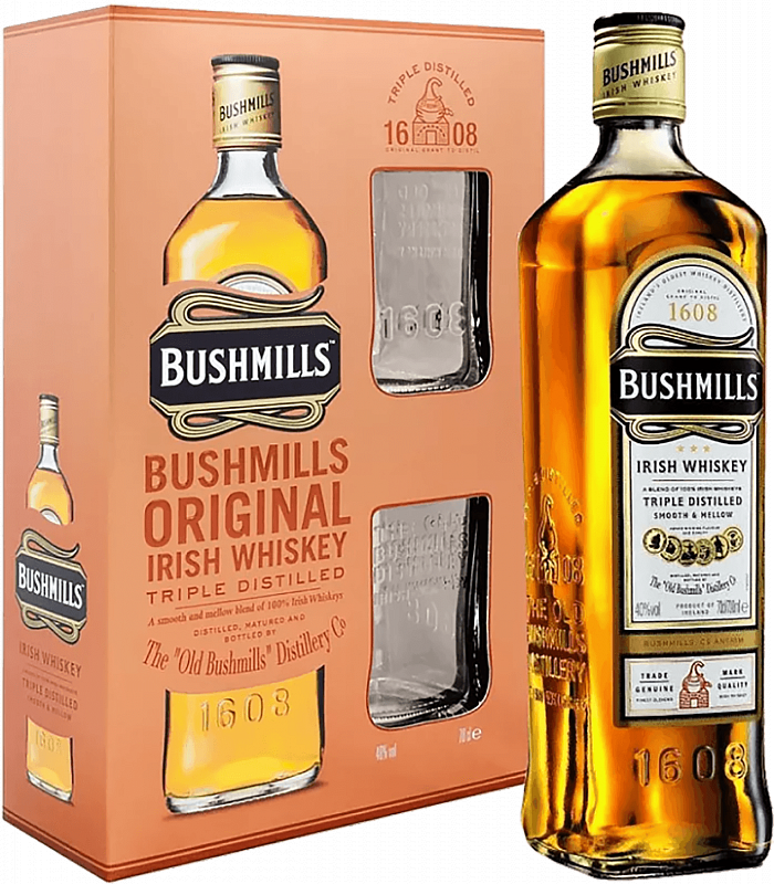 Бушмиллс Ориджинал Купажированный Ирландский Виски в подарочной упаковке с двумя стаканами 0.7 л